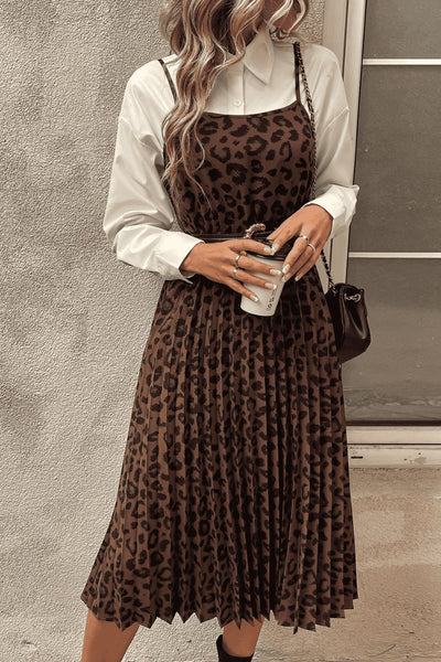 Leopard Print Spaghetti Straps Straight Neck Midi Dress