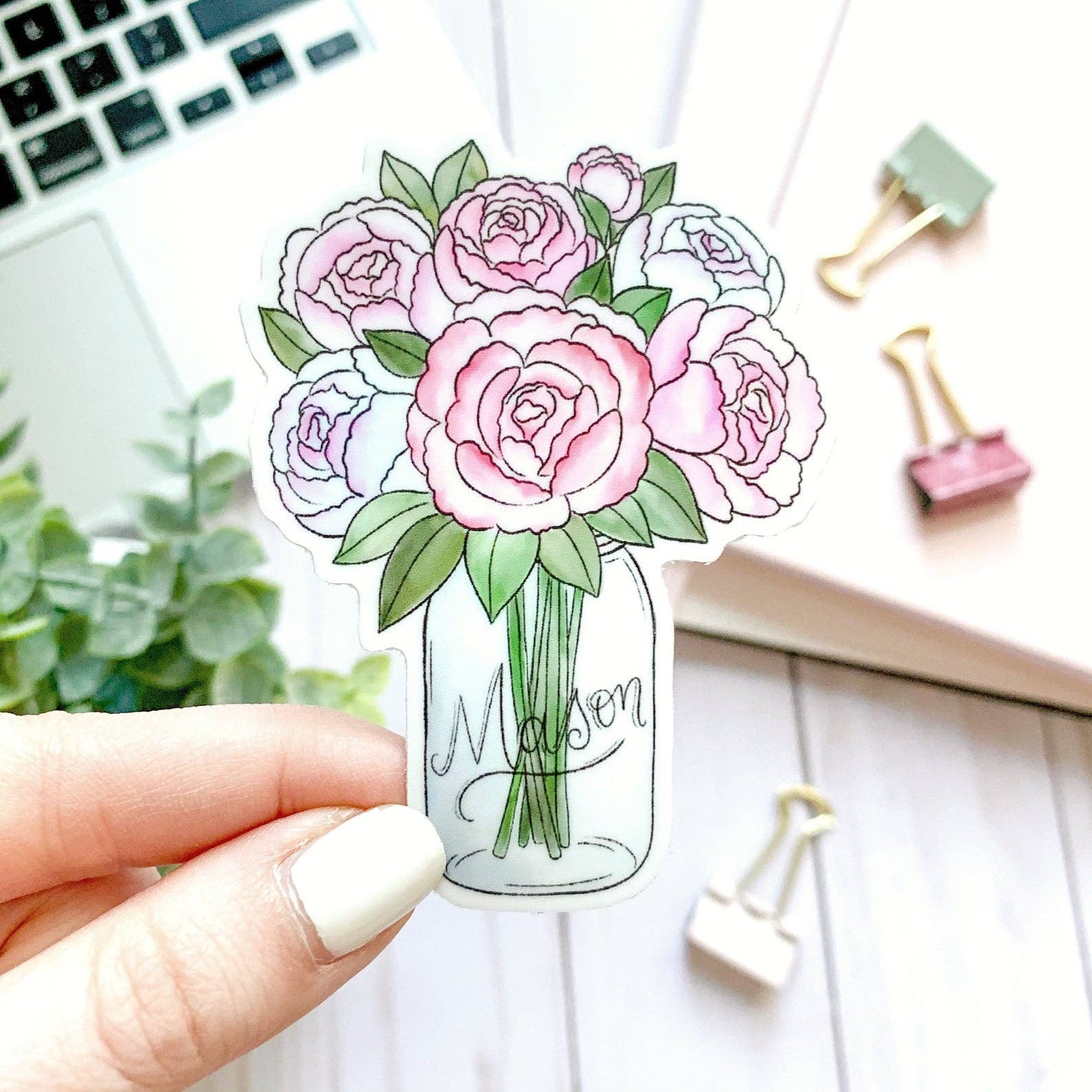 Mason Jar Peonies Watercolor Sticker, 3.5x3 in.